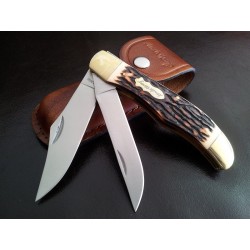 Couteau Schrade Uncle Henry 2 Lames Acier 7Cr17 Manche Delrin Façon Bois de Cerf Etui Cuir SCH227UH - Livraison Gratuite