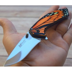 Couteau MTech Butterfly A/O Orange Manche Décor Papillon Lame Acier 3CR13 Framelock MTA1005OR - Livraison Gratuite