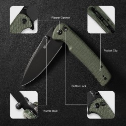 Couteau SENCUT Sachse Green Button Lock Manche Micarta Lame Acier 9Cr18MoV IKBS Clip S210072 - Livraison Gratuite