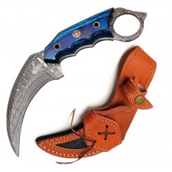 Couteau FH Knives Karambit Lame Acier Damas 256 Couches Manche Bleu Etui Cuir FHKKMBT001 - Livraison Gratuite