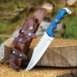 Couteau FH Knives Bowie Blue Lame Acier 3Cr13 Manche Bois Etui Cuir FHKCPBW002 - Livraison Gratuite