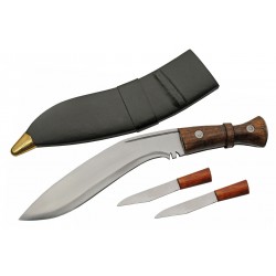 Couteau Kukkri Gurkha Service Kukri Army Combat Lame Acier Inox Manche Bois Etui Cuir + 2 Couteaux PA882450 - Livraison Gratuite