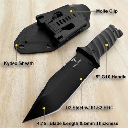 Couteau Tactical Takumitak Fulcrum Military Black Tanto Lame Acier D2 Manche G10 Etui Kydex TKF201BK - Livraison Gratuite