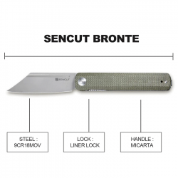 Couteau Sencut Bronte Front Green Manche Micarta Lame Acier 9Cr18MoV Manche IKBS Linerlock Clip SA08B - Livraison Gratuite