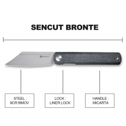 Couteau Sencut Bronte Front Black Manche Micarta Lame Acier 9Cr18MoV Manche IKBS Linerlock Clip SA08A - Livraison Gratuite