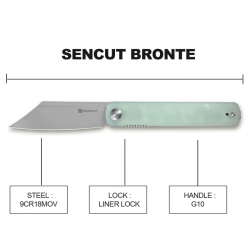 Couteau Sencut Bronte Front Jade Manche G10 Lame Acier 9Cr18MoV IKBS Linerlock Clip SA08C - Livraison Gratuite