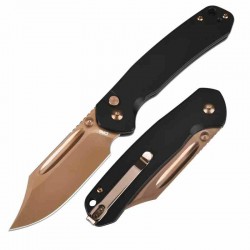 Couteau CJRB Pyrite Bowie Manche Acier Lame Acier AR-RPM9 Rose Gold IKBS Button Lock Clip J1942RG - Livraison Gratuite