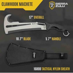 Couteau Sierra Zulu Clawhook Machete Lame Acier 3Cr13 Hook Manche TPR Etui Nylon SZ5601 - Livraison Gratuite