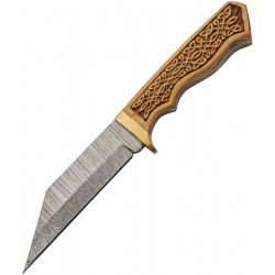 Couteau Damas Celtic Viking Lame Seax 256 Couches Manche Bois Etui Cuir DM1387 - Livraison Gratuite