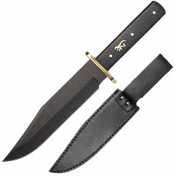 Couteau Browning Bowie Ebony Wood Lame Black Acier Inox Manche Bois Etui Cuir BR0496 - Livraison Gratuite