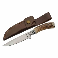 Couteau De Chasse Hunter Stag Manche Bois de Cerf Lame Acier Inox Etui Cuir PA203455 - Livraison Gratuite