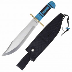 Couteau Bowie American Hunter Manche Turquoise & Bois Lame Acier Inox Etui Cuir AH030 - Livraison Gratuite