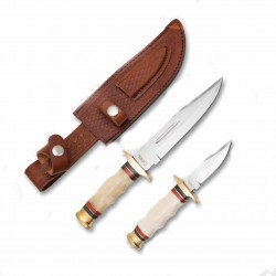 AH021 Set de 2 Couteaux American Hunter Manche Os Lame Acier Inox Etui Cuir - Livraison Gratuite