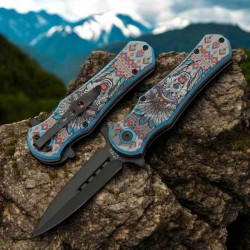 LOT DE 3 Couteau Rite Edge Blue Wolf Native American A/O Lame Acier 3Cr13 Clip Linerlock CN300603WF - Livraison Gratuite